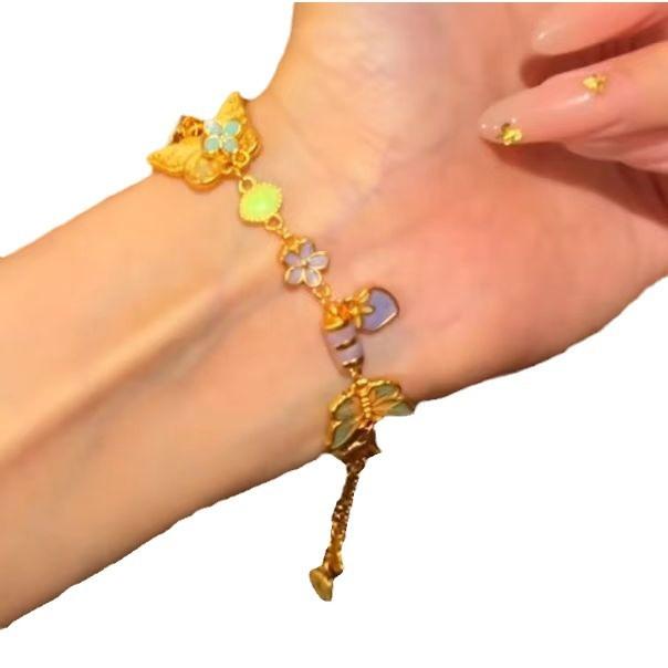 Guochao New Chinese Butterfly Burnt Blue Drip Oil Bracelet Gentle and Exquisite Versatile Retro Women's Half Bracelet Half Chain Jewelry Accessories