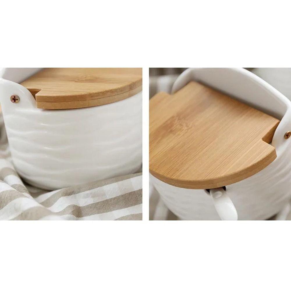 Serving Spoon Ceramic Seasoning Jar Set Bamboo Lid Kitchen Condiment Container  Counter