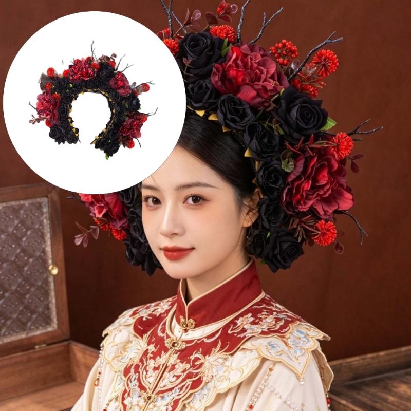 Baroque Style Floral Headband With Cloth Fabric Roses For Women Gothic Wedding Hair Accessories Dark Black Red