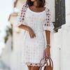 Women Dress Hollow Out Lace Patchwork Summer Backless Short Sleeve Crochet Mini