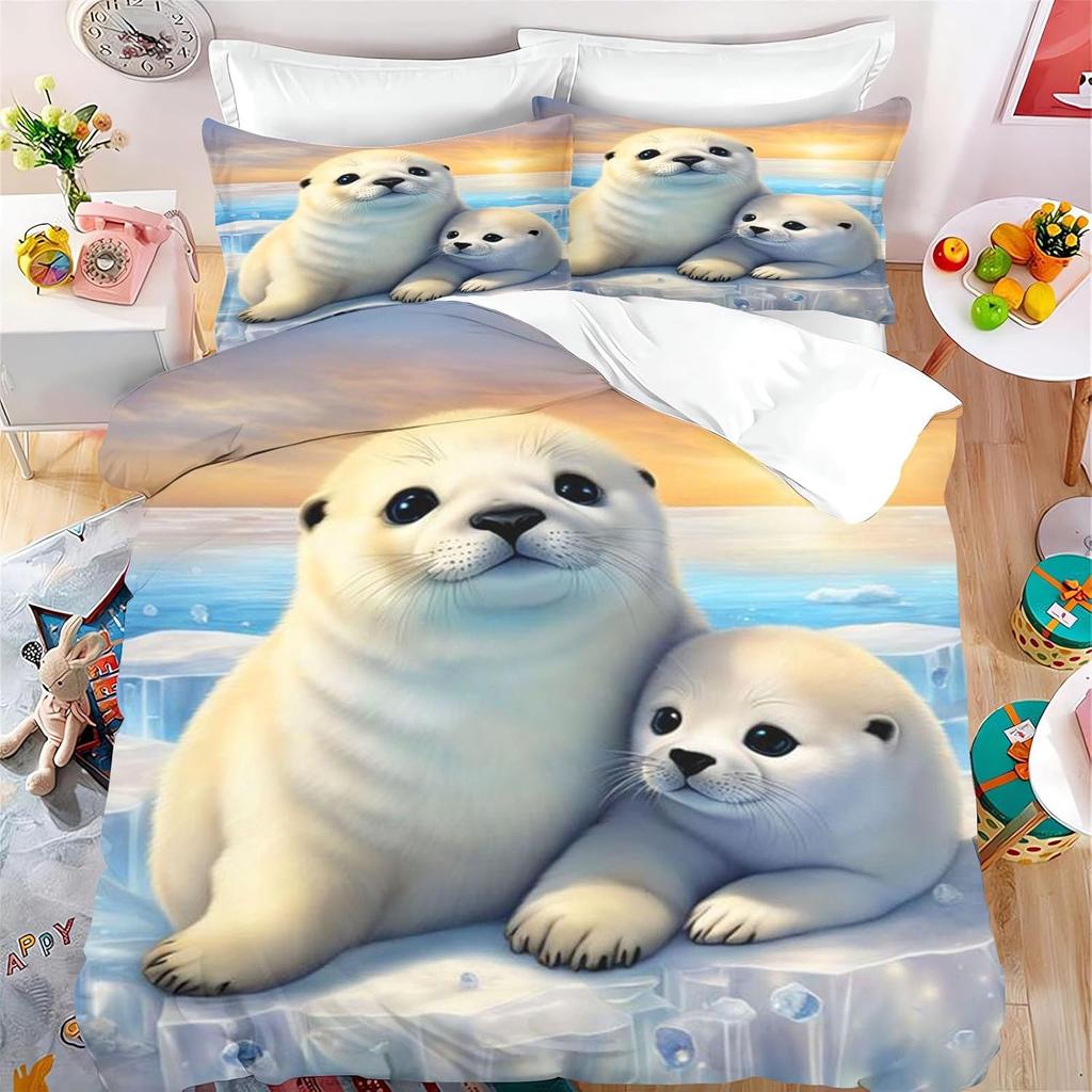 Cartoon Seal Bedding Set for Kids Soft Microfibre Duvet Cover with Pillowcases 75x50 Cute Animal Print