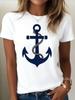 Women Nautical Anchor Graphic T-Shirt Casual Summer Crew Neck White Tee Top