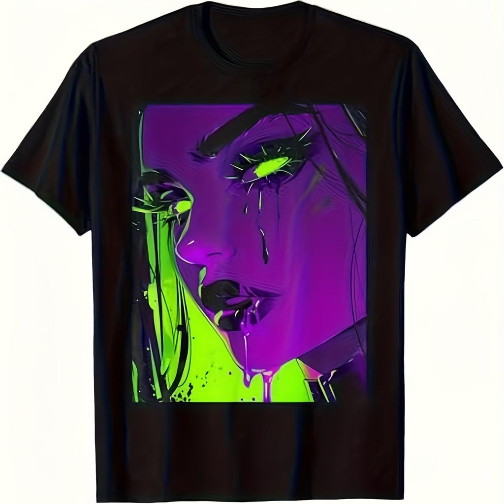 Anime Neon Punk Woman Tears Graphic T-Shirt Purple Green Aesthetic Art Casual Cotton Tee Unisex