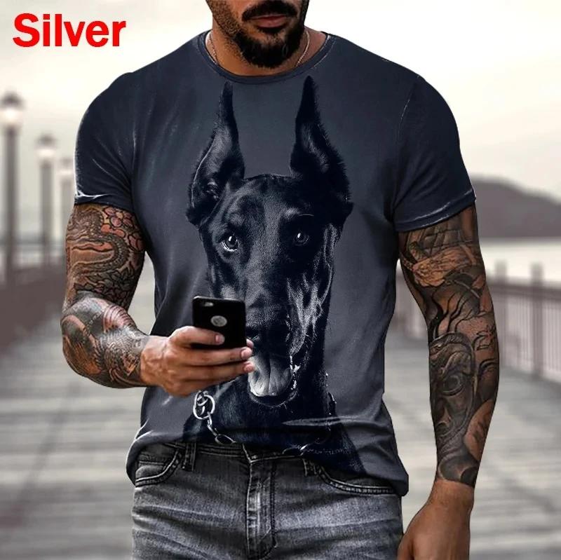 Summer Round Neck 3D Doberman Pattern Print Top Fashionable Casual Short Sleeved Men's T-shirts