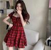 Rotes Karo-Kleid für Damen im Sommer Aktualisierter französischer Klassiker Kleine Puffärmel Süßer First Love Rock