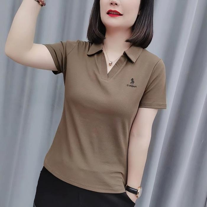 YYFS Women's Fashion Casual Summer Spring Solid Color Print Short Sleeve POLO Neck Blouses & Shirts