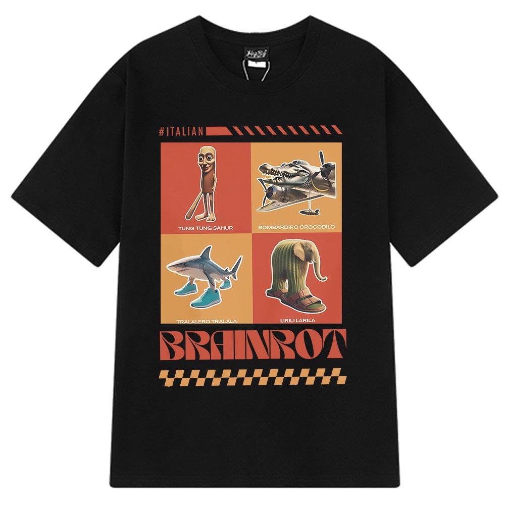 Italian Brainrot Tralalero T-shirt Tralala Tung Sahur Bombardiro Crocodile Fun Meme Men's Fashion Loose T-shirt