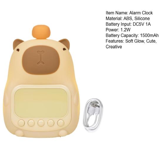 Capybara Alarm Clock with Night Light Dimmable Snooze Function Rechargeable Silicone Lamp