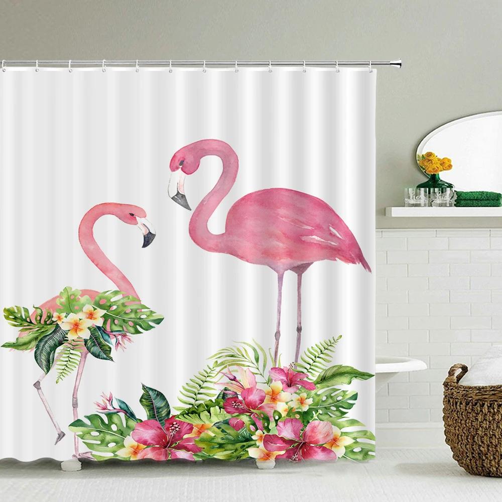 Tropical Plant Flamingo Shower Curtains Green Leaves Waterproof Polyester Fabric Home Decoration Bath Screen Bathroom Accessorie