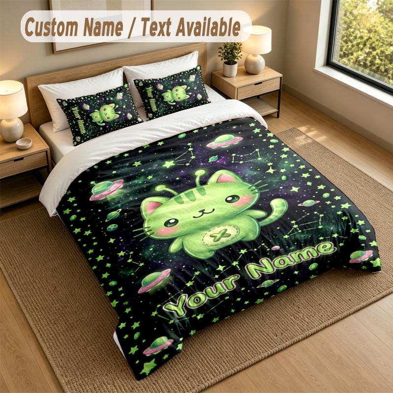 Cat Theme Personalized 3Pcs Bedding Set Custom Text & Name 1 Sheet 2 Pillowcases Household Bedding 1pc