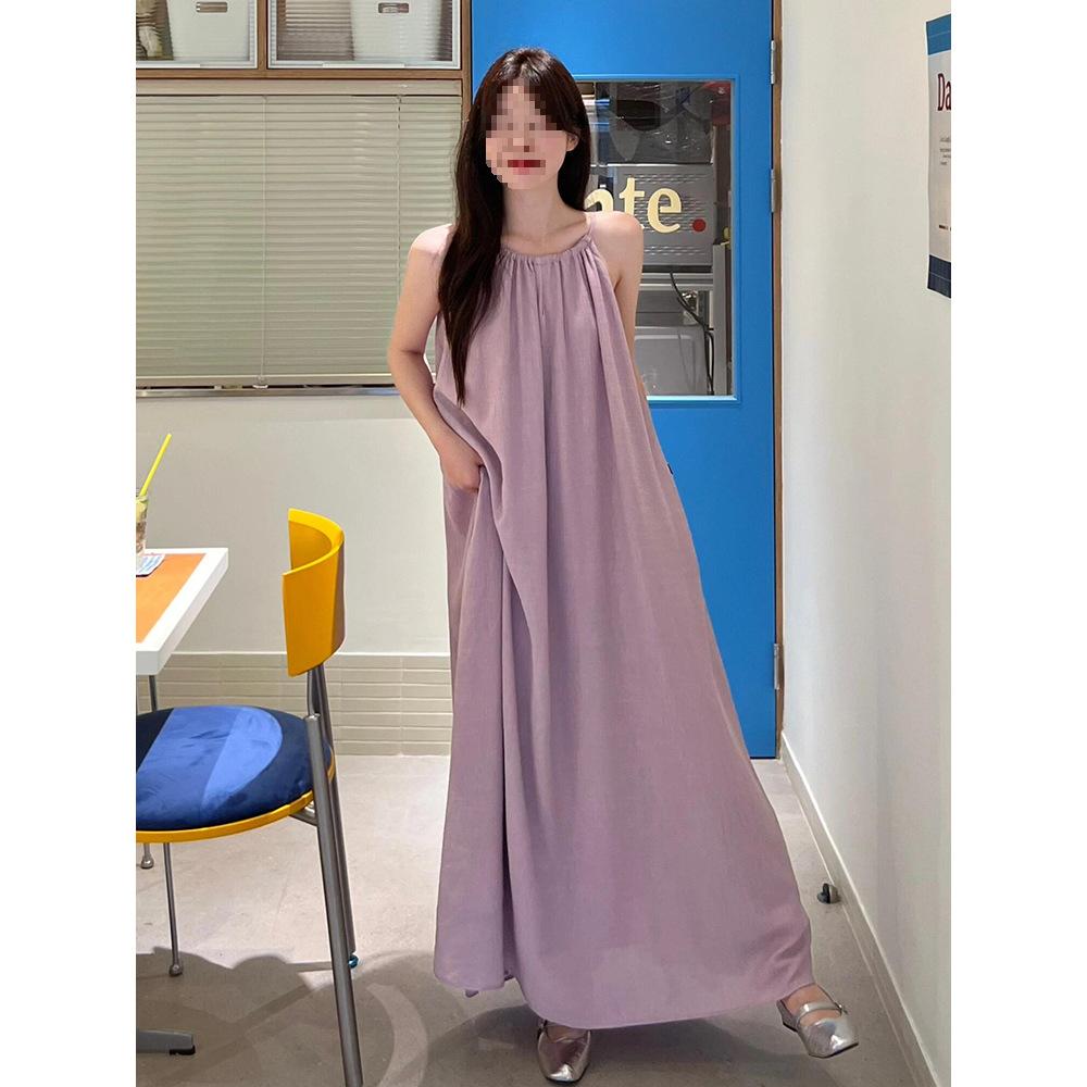 French First Love Gentle Purple Neck Sling Dress Summer Women's Vacation Style Loose and Thin A-shaped Long Skirt