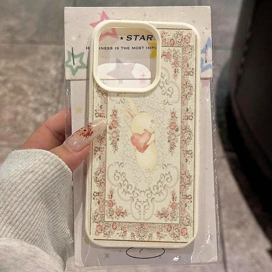 Vintage Rosa Band Kanin Blommig Ram Mönster Design Skyddande Fodral för iPhone 17 16 15 14 13 12 11 16E Serie Pro Max Plus