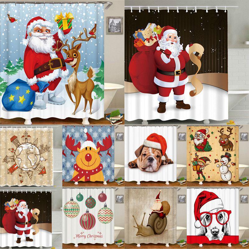 Santa Claus Christmas Shower Curtain With Hooks Durable Waterproof Bathroom Decor