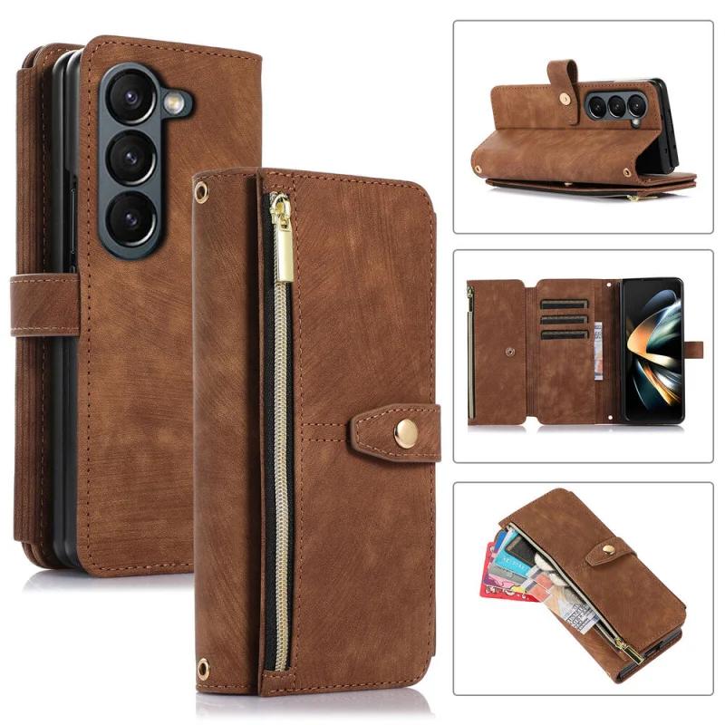 Zipper Card Slot Phone Case For Samsung Galaxy Z Fold 7 6 5 4 3 FOld7 Fold6 5G Screen Protect Stand Leather Wallet Cover