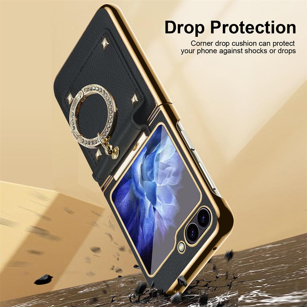 Custodia per Telefono in Pelle Placcata con Anelli di Diamanti Glitterati per Samsung Z Flip 6 5 4 3 Flip6 Flip5 Lusso Antiurto Cover Posteriore Protettiva