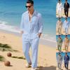 Men Linen Matching Outfit Set Front Pocket Long Sleeve Shirt Elastic Drawstring Straight Leg Trousers Lightweight Breathable Beach Daily Casual Suit
