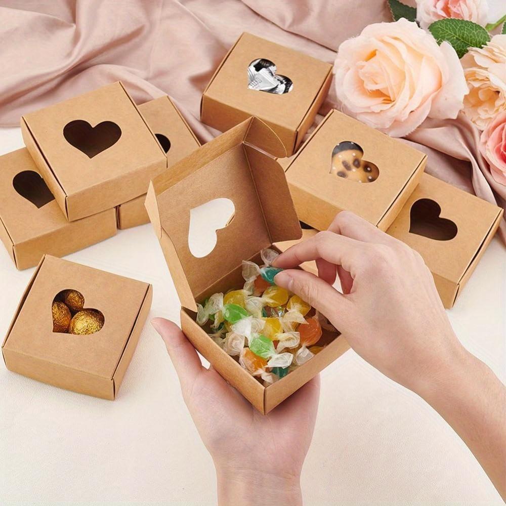 25pcs Kraft Paper Box with Hollow Out Heart Pattern Square Gift Packaging Box Candy Box Small Gift Box