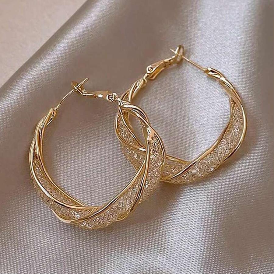 Gorgeous Intertwined Gold Color Hoop Earrings With Intricate Mesh Stylish Style Earrings For Women Party Gift Zircon
