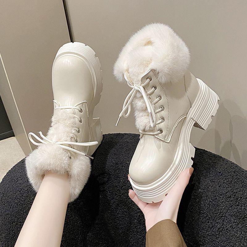 Leather Platform with Laces Booties Plush Round Toe Women's Snow Boots Waterproof Ladies Shoes Work Chic and Elegant Footwear