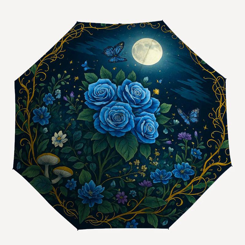 Blue Rose Garden Moonlit Night Umbrella, Portable 3-Fold Umbrella for Men & Women,Christmas Gift ES351