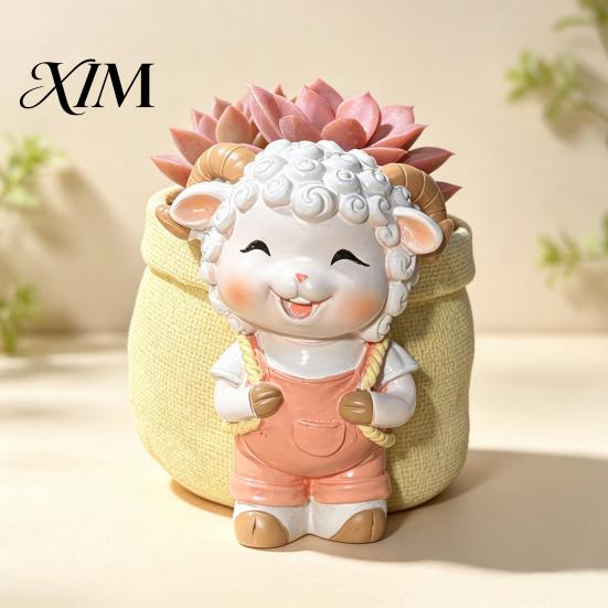 Resin Animal Flower Pot Cute Lamb Planter, Cartoon Sheep Carring Bag Plant Pot, Decorative Planter Small for Succulents, Houseplants, Desk Decoration