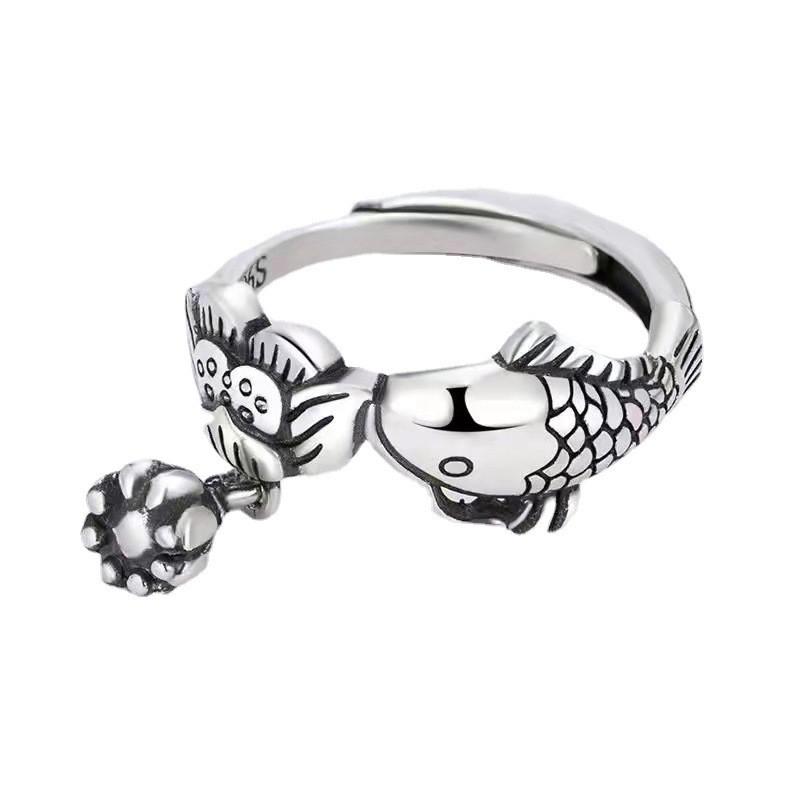 Adjustable Sterling Koi Fish Ring With Lotus Motif Vintage Bohemian Finger Women Men