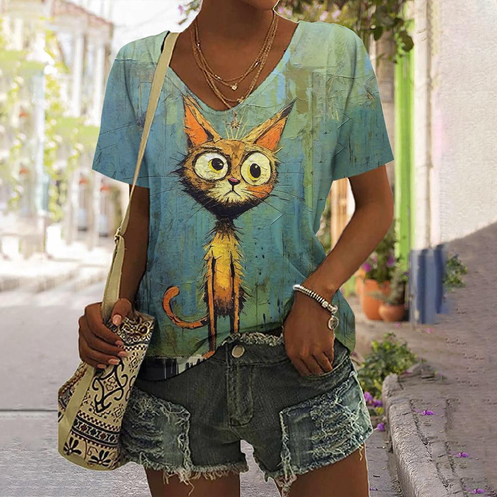 Damen T-Shirt Lustiger Katzenaufdruck Lässig Kurzarm 3D T-Shirts Sommer Streetwear Rundhals Pullover Oversized Damenbekleidung