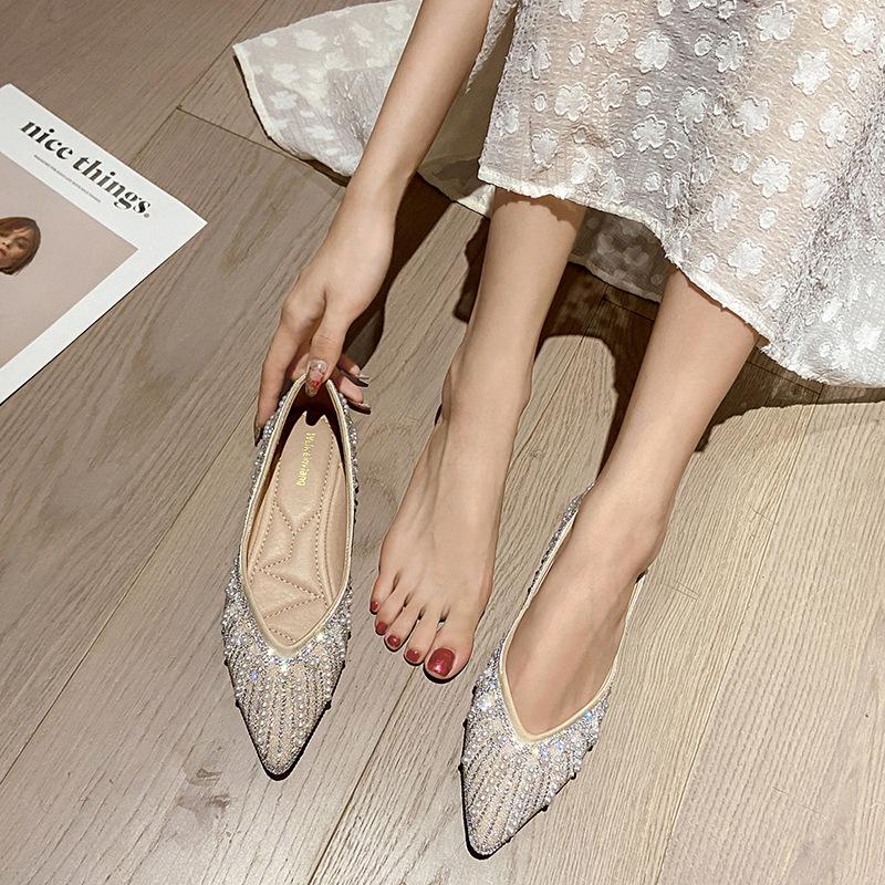 2025 Summer Korean Version Soft-soled Pointed Flat-soled Single Shoes, Pearl Rhinestone Shallow Mouth Laden Shoes, One Pedal Doudou Shoes Women