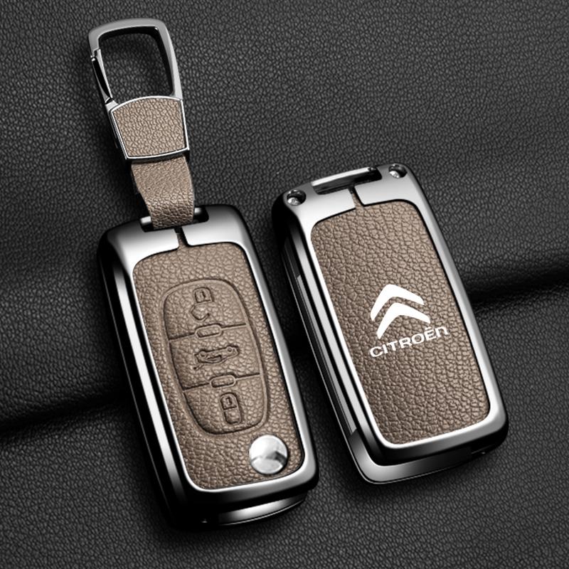 JGNT8 Metal Leather Car Flip Remote Key Case Cover Protector Shell Fob Keychain For Citroen C2 C3 C4 C5 C6 C8 Xsara Picasso Berlingo