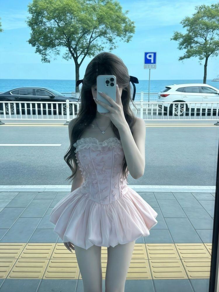 Niche romantic sweet bud skirt women's summer new beautiful three-dimensional small butterfly waist dress princess dress