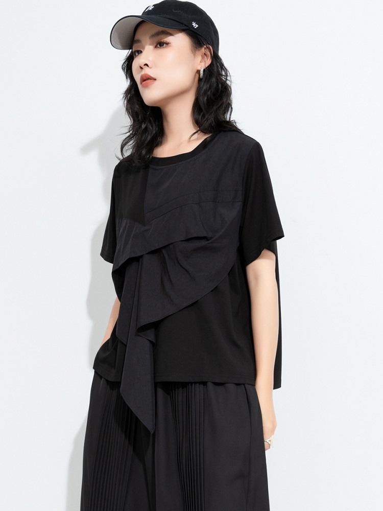 Short sleeve Oversized Black patchwork casual loose summer tee t shirt women t-shirt tops