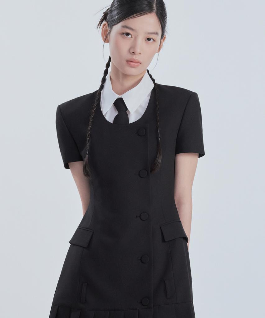 Mausolleum [Select Length] Jenn Round Neck Pleated Half-Sleeve Suit Jacket Dress - Black