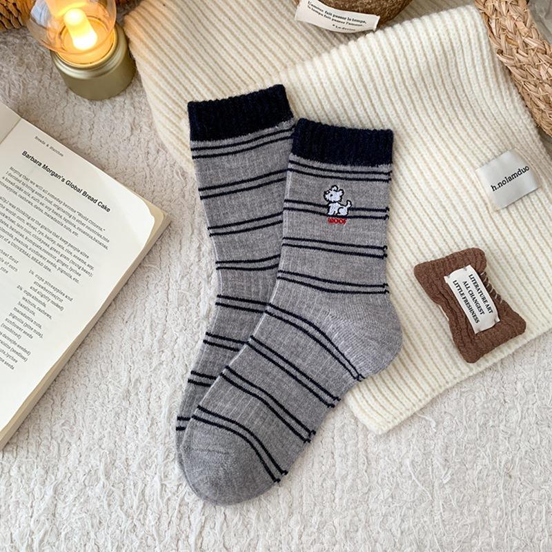 Socks Women Thickened Striped Embroidery Versatile College Stacks Socks Socks Winter