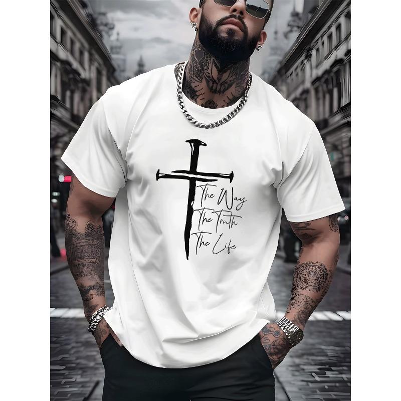 European Size Men'S Casual Wear Featuring a Classic Christian Graphic T-Shirt Adorned with a White Cross And The Phrase 'The Way, The Truth