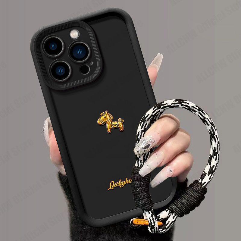 Cute 3D Gold Horse With Lanyard Phone Case For OPPO Reno 15 14 13 12 11 10 8 Pro 7 6 5 4 Lite 3 14F 13F 12F 11F 2F 8Z 8T Cover