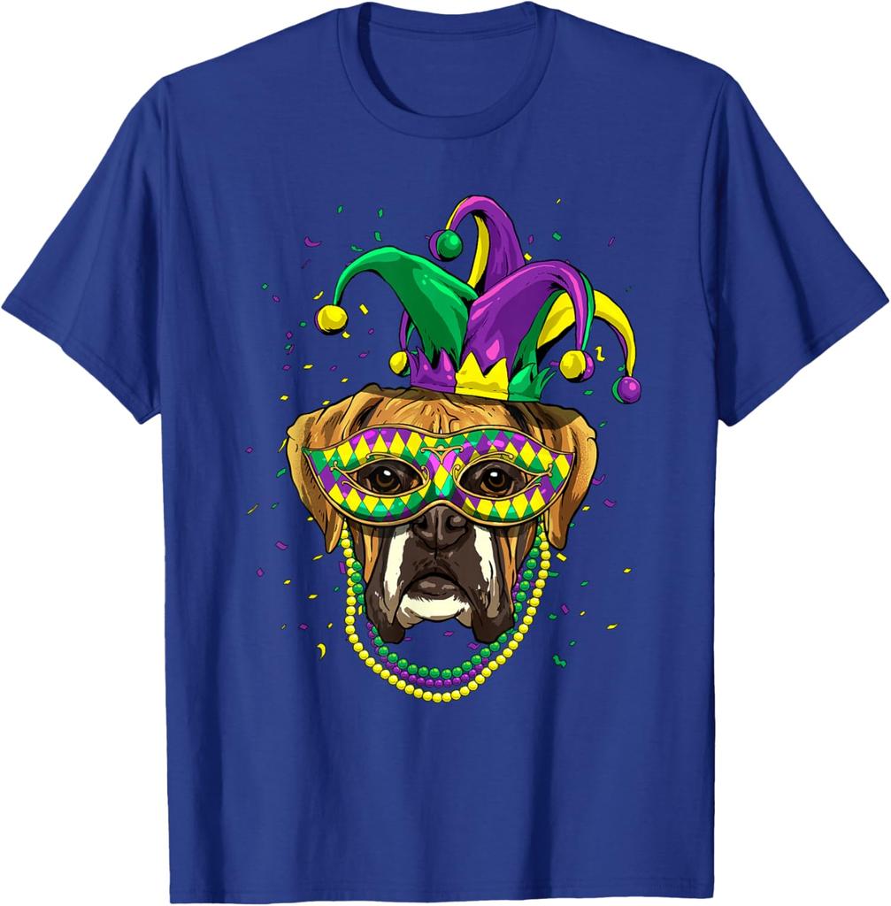 Chien Boxer Mardi Gras Masque Perles Impression Graphique Hommes Décontracté T-shirt en Coton