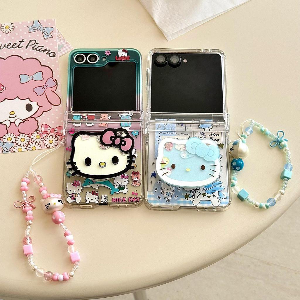 Cartoon KT Cat Z Flip Case, Foldable Screen, Drop-Proof, Creative Women's Protective Cover with Bracelet