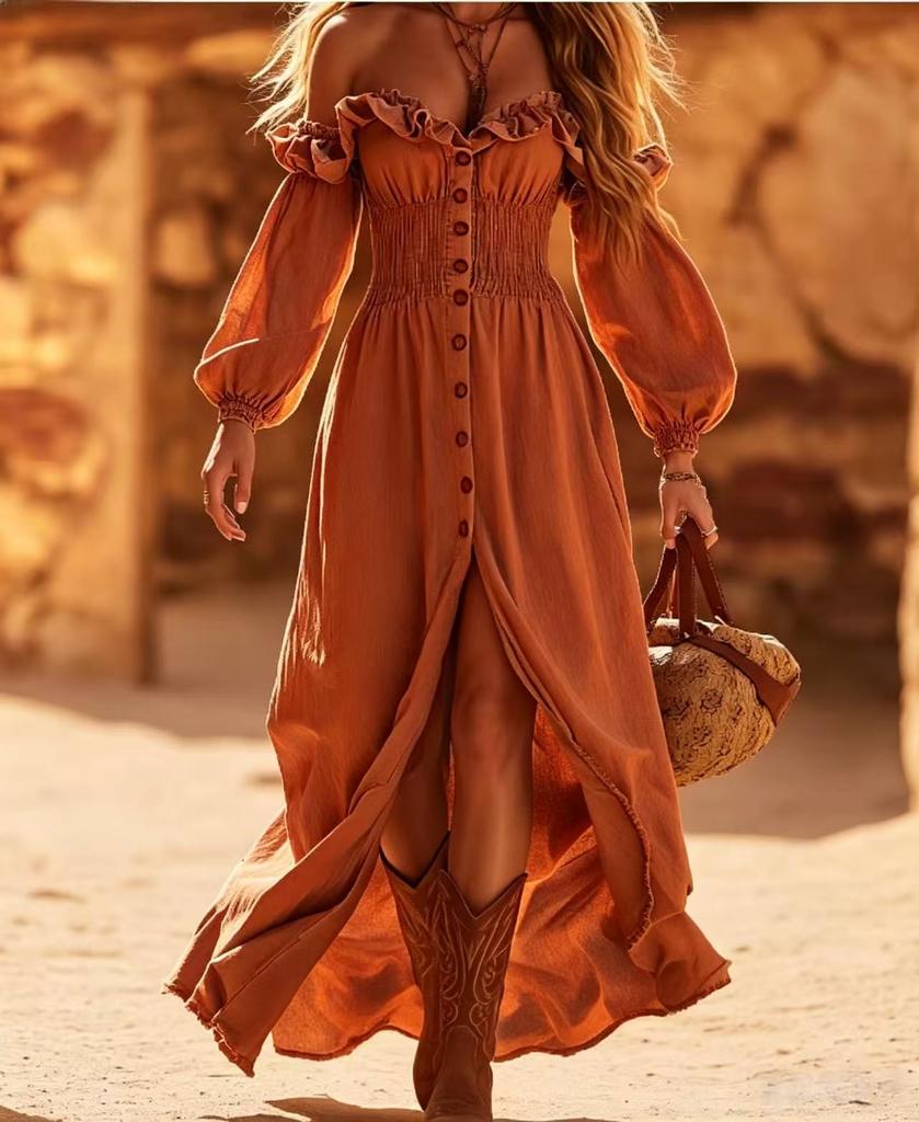2026 European and American Retro Western Style Denim Dress One-word Shoulder Bubble Sleeve Front Open Placket Long Bohemian Style