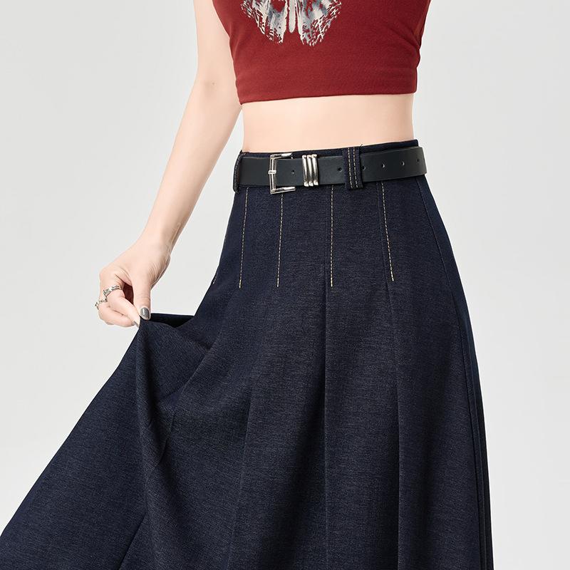 Jupe plissée en denim pour femme au printemps, taille haute, slim et tombante, polyvalente, décontractée, trapèze, ample, mi-longue