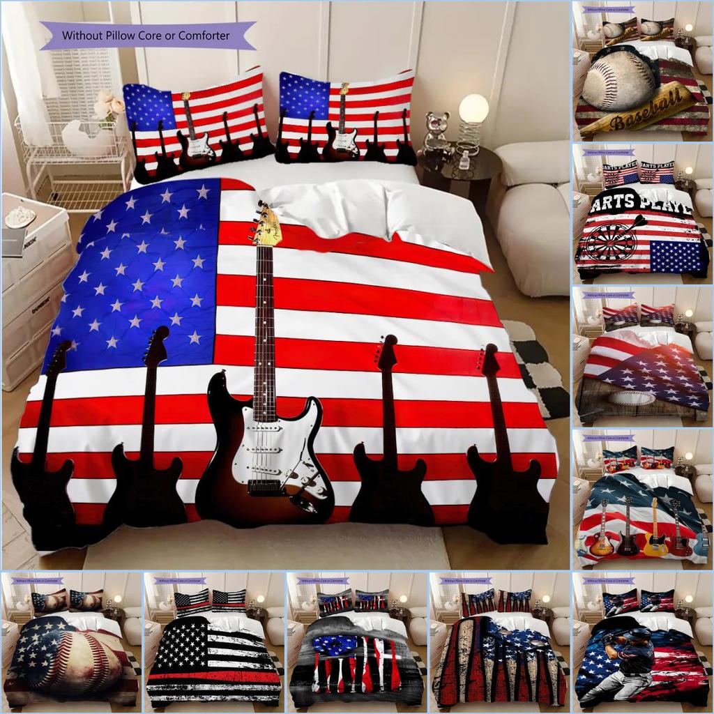American Flag, Baseball, and Guitar Bedding, Duvet Cover, Pillowcase, Home Decoration, Birthday Gift (1 * Duvet Cover+2 * Pillowcase, Coreless)