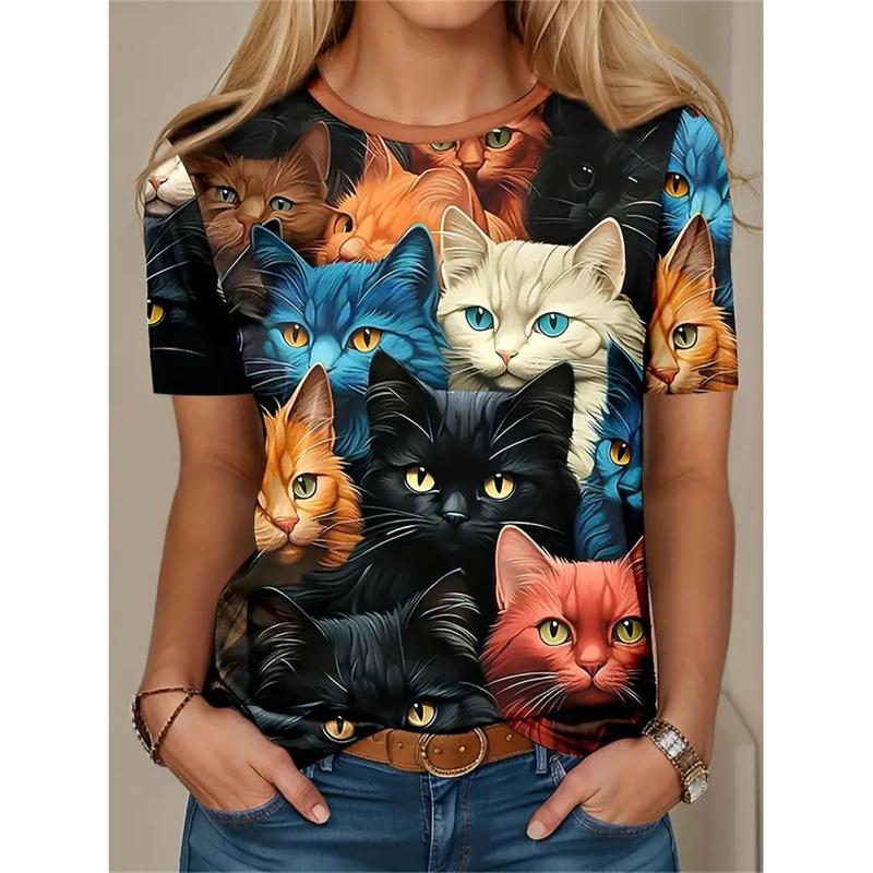 Summer Round Neck 3D Cat Pattern Printed Top Fashionable Casual Cute Short Sleeved Women's T-shirts