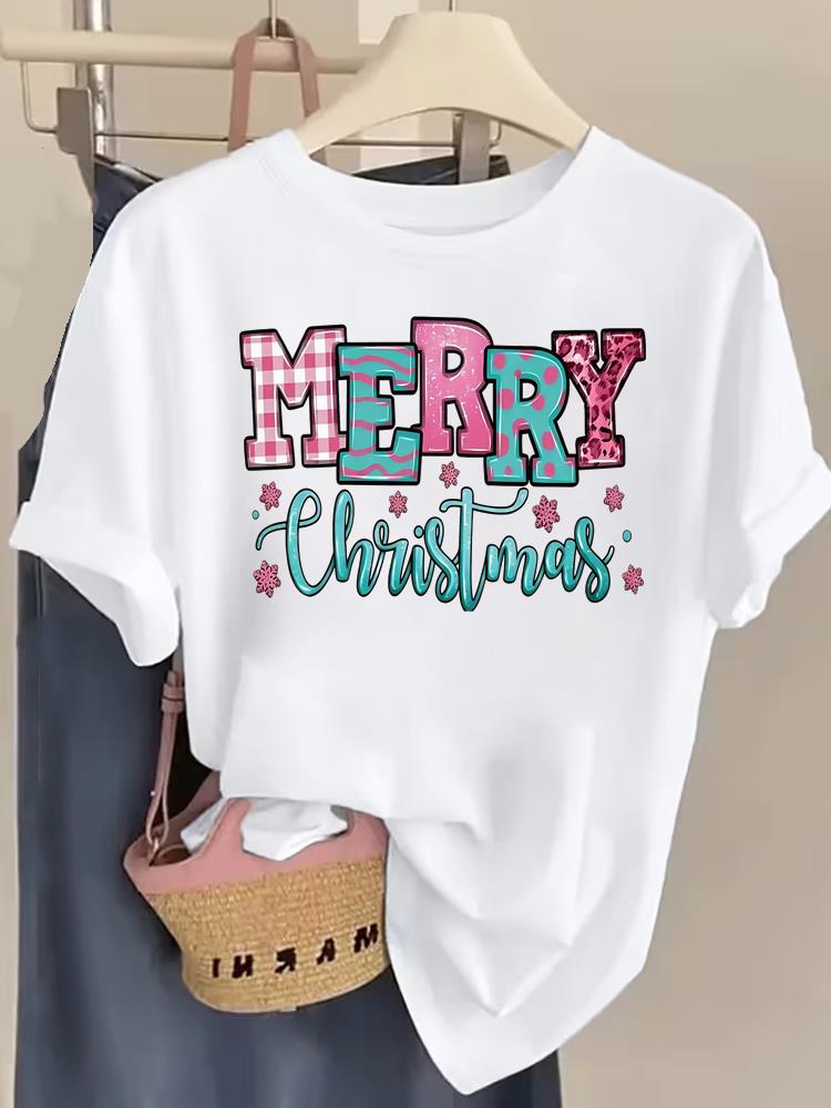 (Asian Size) Lovely Trend Cute New Year T Shirt Christmas Clothing Women Fashion Festival Tee Top Print Woman Short Sleeve Graphic T-shirts
