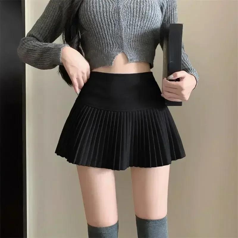 Plisserad kjol i ylle Dam Korean Söt Sexig hög midja A-linje kokett Extrem minikjol Höst Vinter Vintage Skola