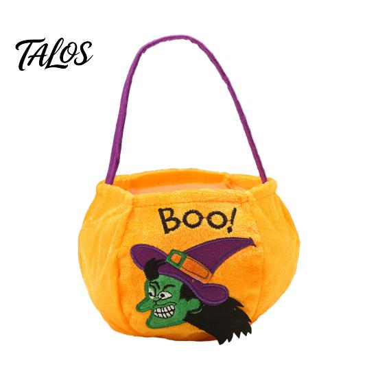 Halloween Trick or Treat Bucket, 9.8x5.9 Inch Pumpkin Witch Black Cat Plush Tote Bag, Soft Candy Basket with Handle for Halloween Party Favors