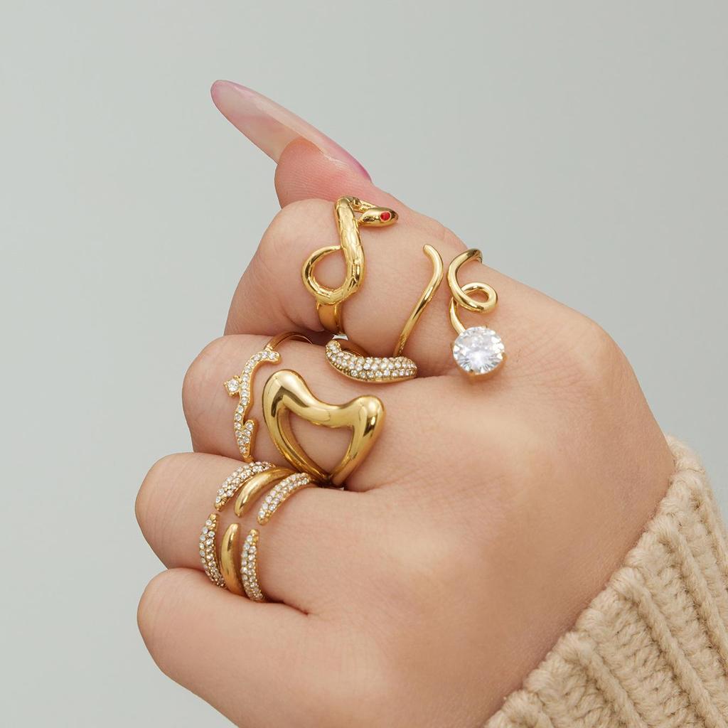 18k Gold-Plated Zirconia Inlaid Stainless Steel Open Ring Set - Modern Fashion Jewelry