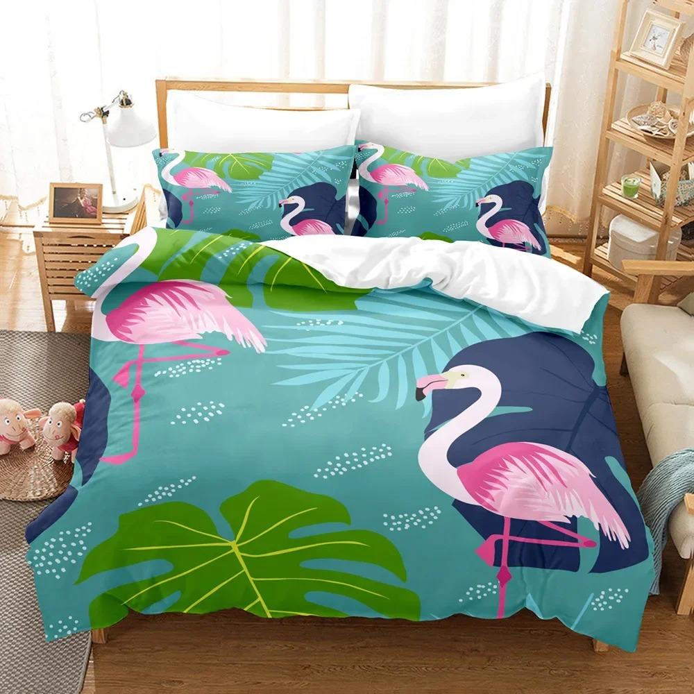 Huse de pilotă Flamingo Mărime King/Queen Decor cu Frunze Tropicale Verzi Set de lenjerie de pat Copac de Palmier Floare Moale 2/3 buc Huse de pilotă din Poliester
