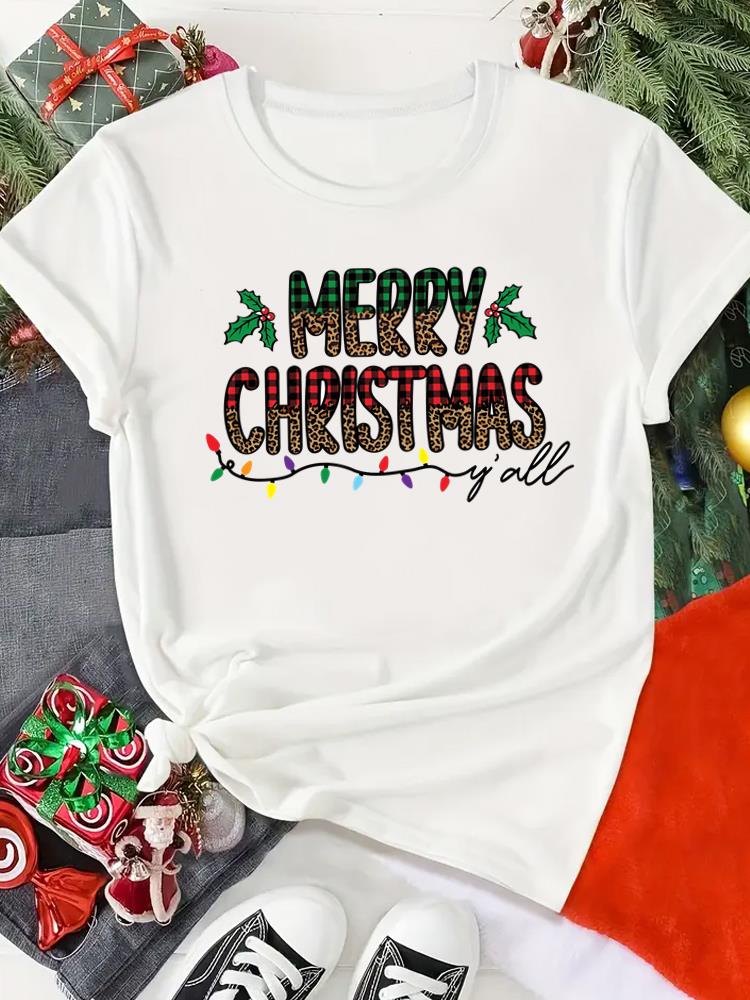 (Asian Size) Plaid Trend Cute Print Merry Christmas O-neck Women's Top New Year T Clothing Short Sleeve T-shirts Fashion Holiday Graphic Tee