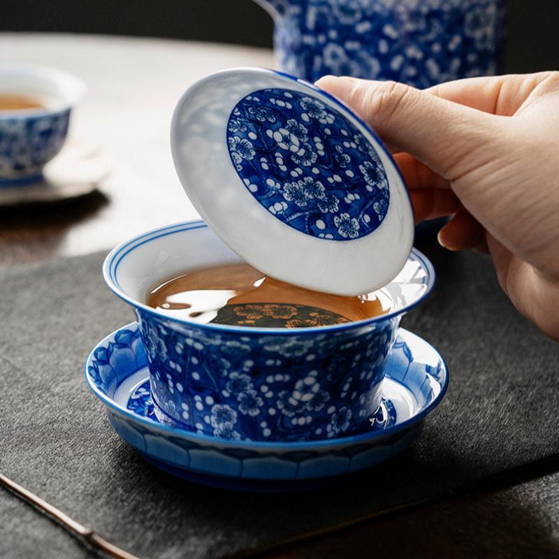 Porcelain Gaiwan Blue and White Plum Tea Tureen Blossom Sancai Chinese Kungfu Teacup Infuser Tea Bowl Household Kitchen Teaware