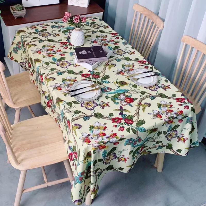 Cotton Linen Floral and Bird Printed Tablecloth Chinese Luxury Tea Table Mats Rural Style Rectangular Dustproof Tabletop Cover