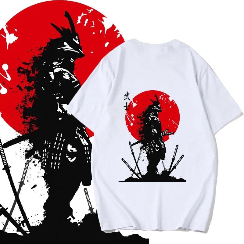 Retro T-shirt for Men's Japanese Samurai Sword Print Men's Clothing Street Harajuku Short Sleeved T-shirt European Size T-shirt